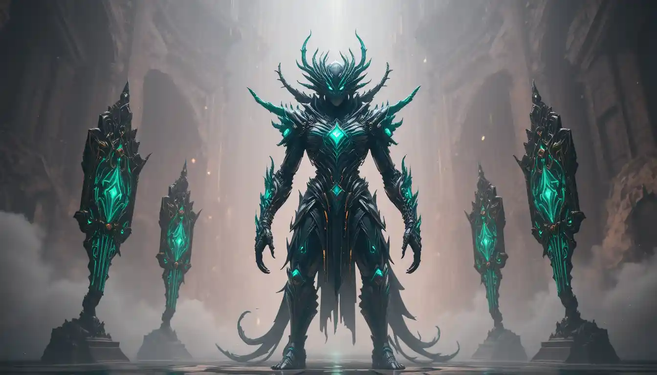 Créature alien majestueuse et blindée aux accents turquoise lumineux