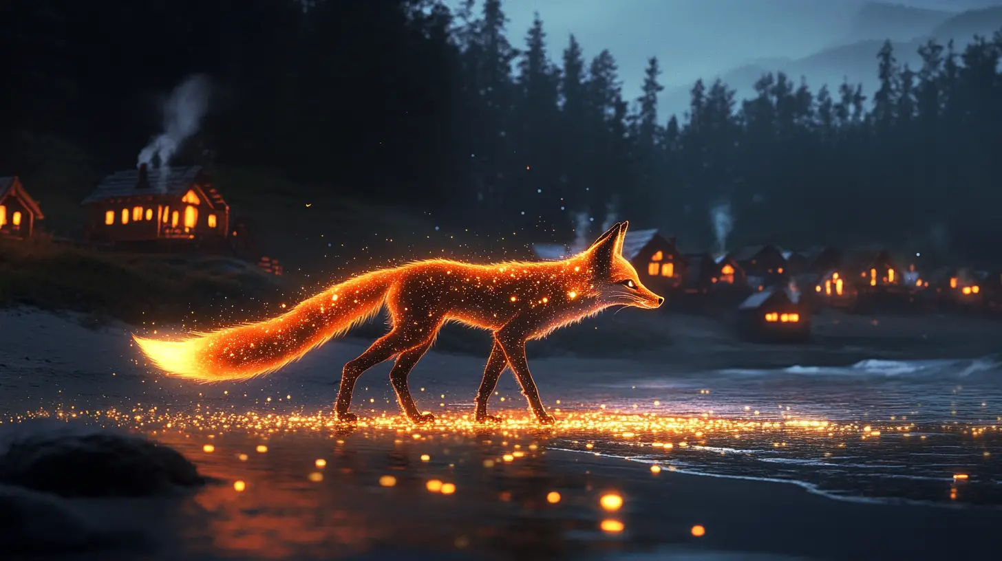 Glowing Fox Walking Along A Starlit Shoreline