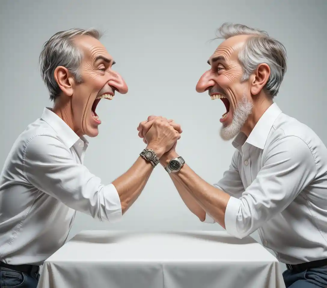 Two elderly men arm wrestling at a white table