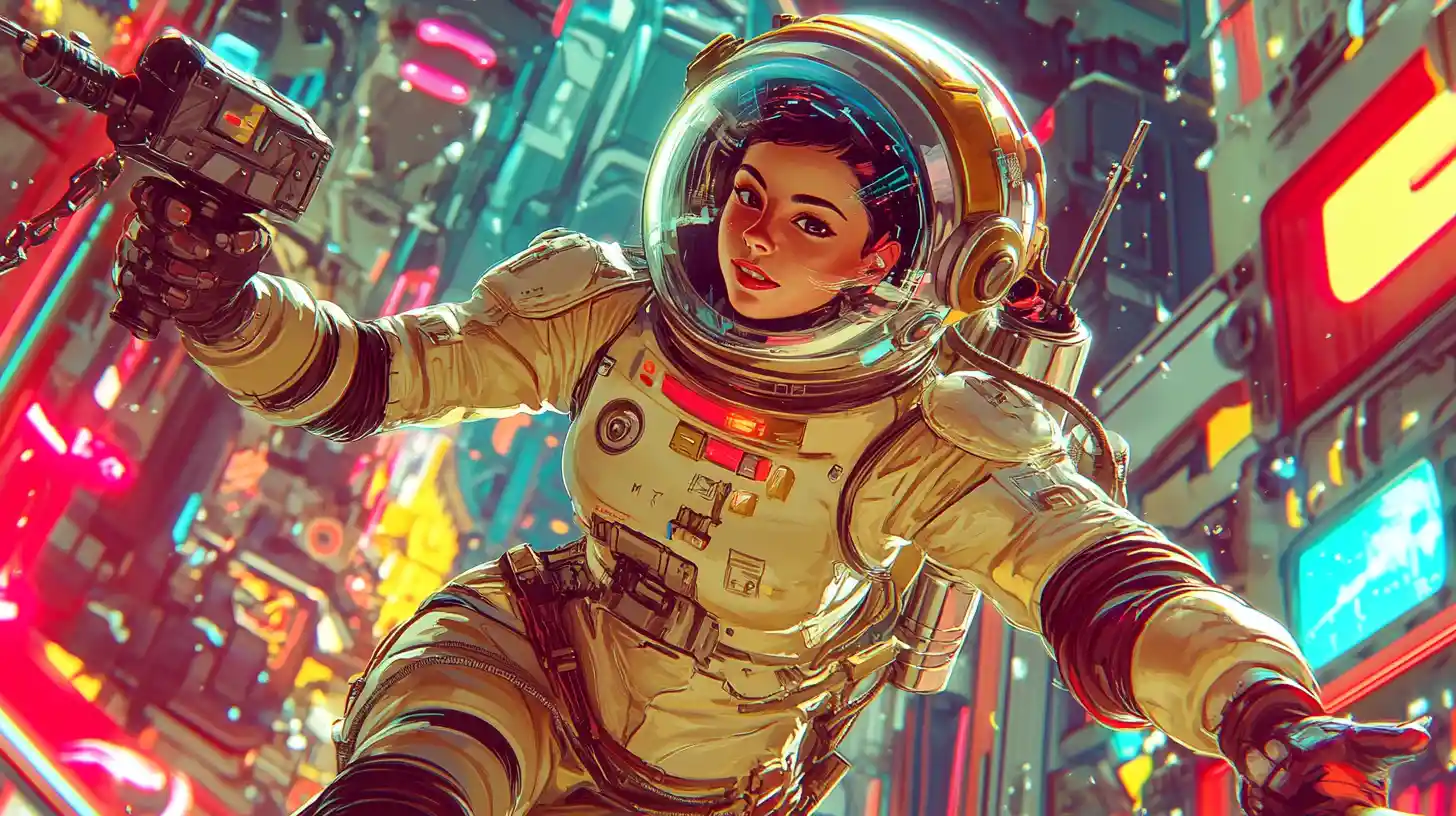 Astronauta donna formosa con trapano in stazione spaziale retrò