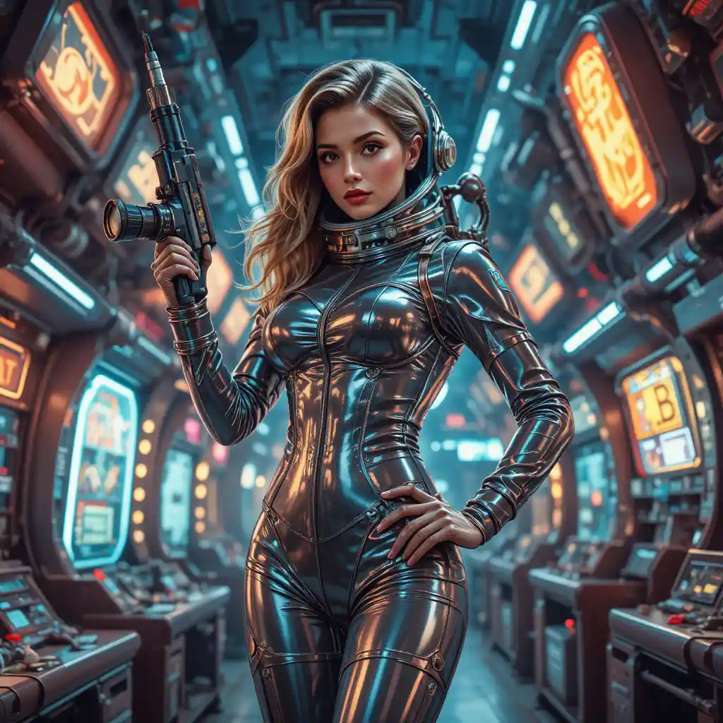 Curvy Female Astronaut With Power Drill In Neon Space Station
