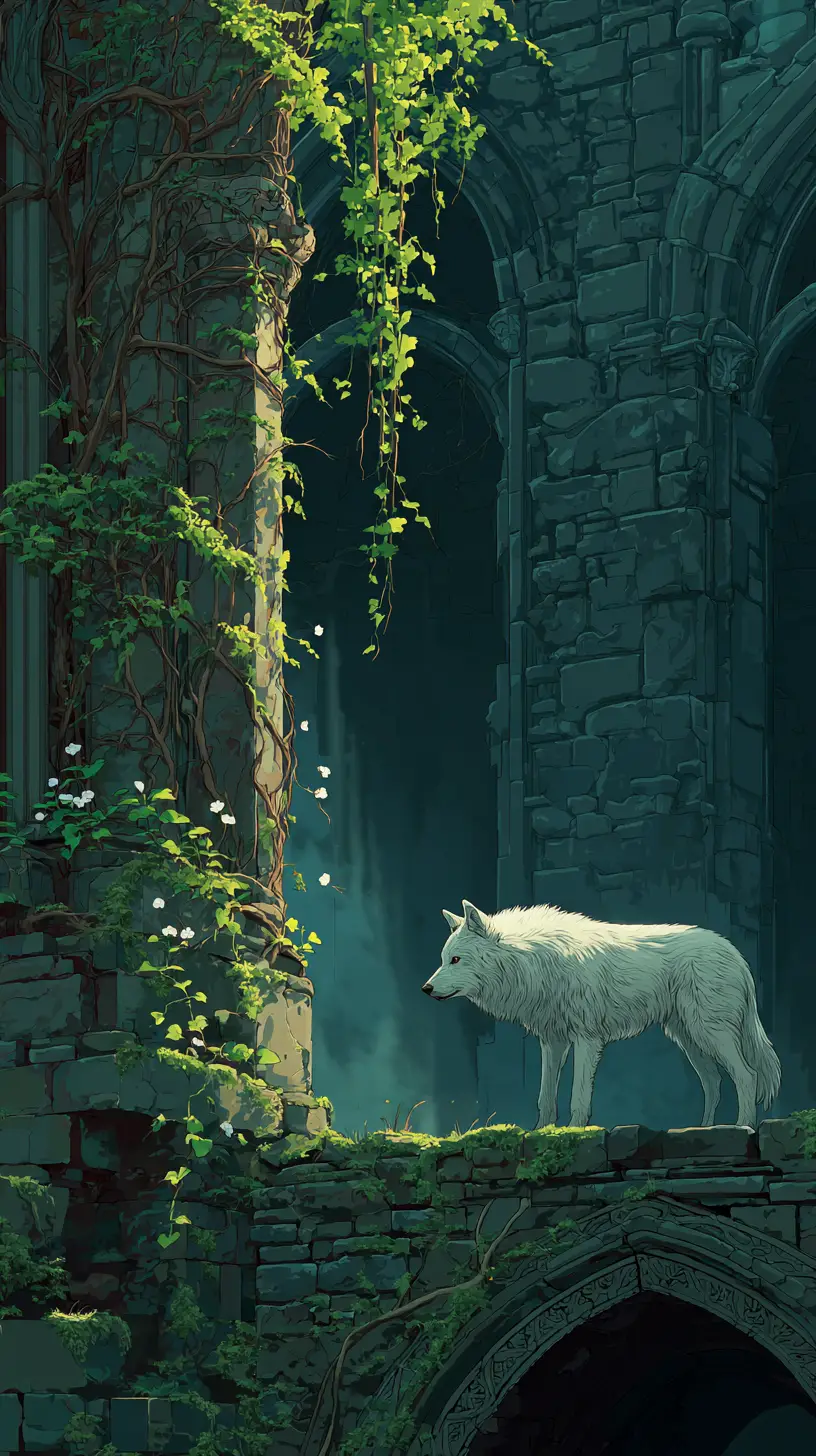 White wolf at ancient ruins under glowing moonlight