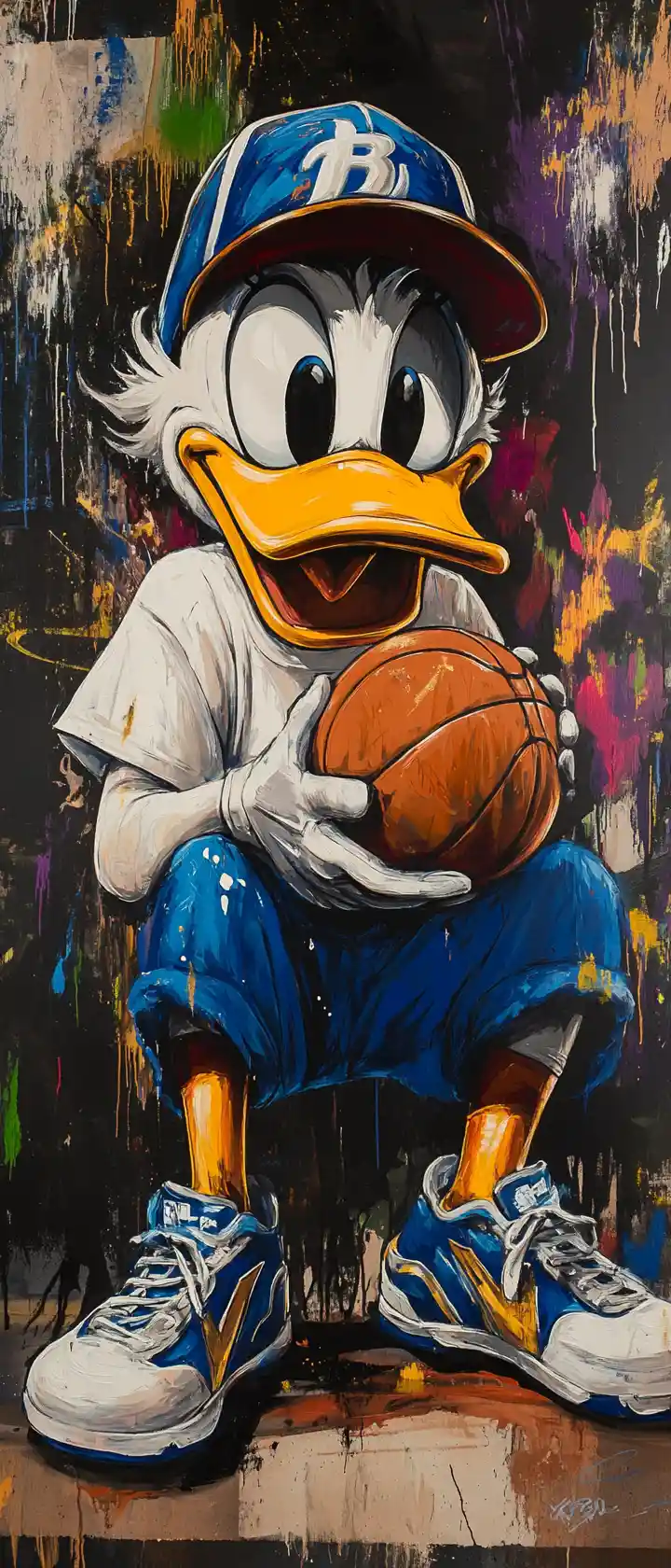 Graffiti duck character crouching with a basketball