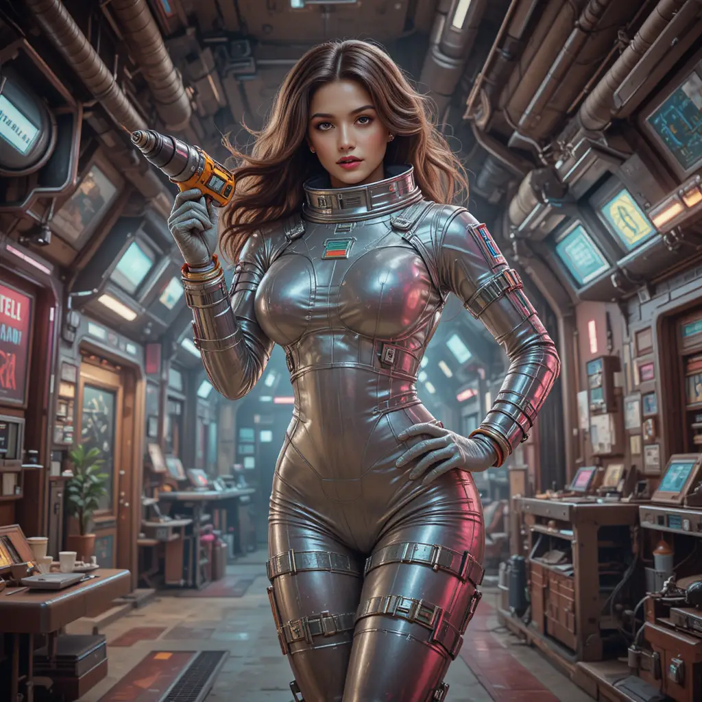 Astronauta femenina curvilínea con taladro en estación espacial retro