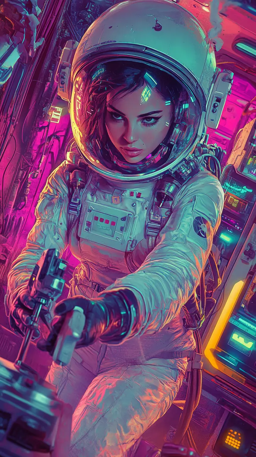 Curvy Female Astronaut With Drill In Retro Space Station