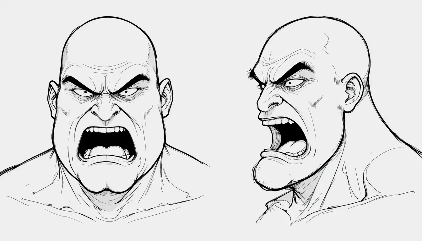 Front and profile sketches of a large bald male character