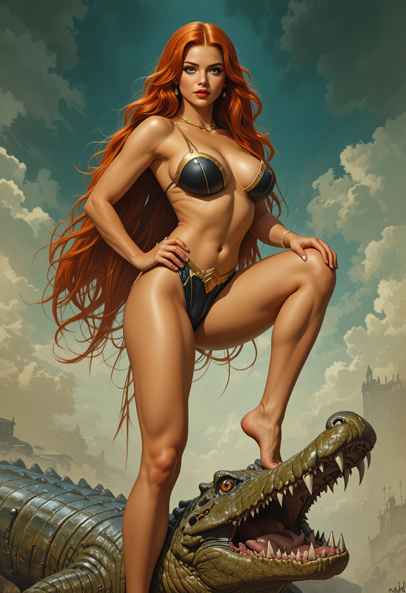 Confident fantasy warrior woman defeating a reptile beast