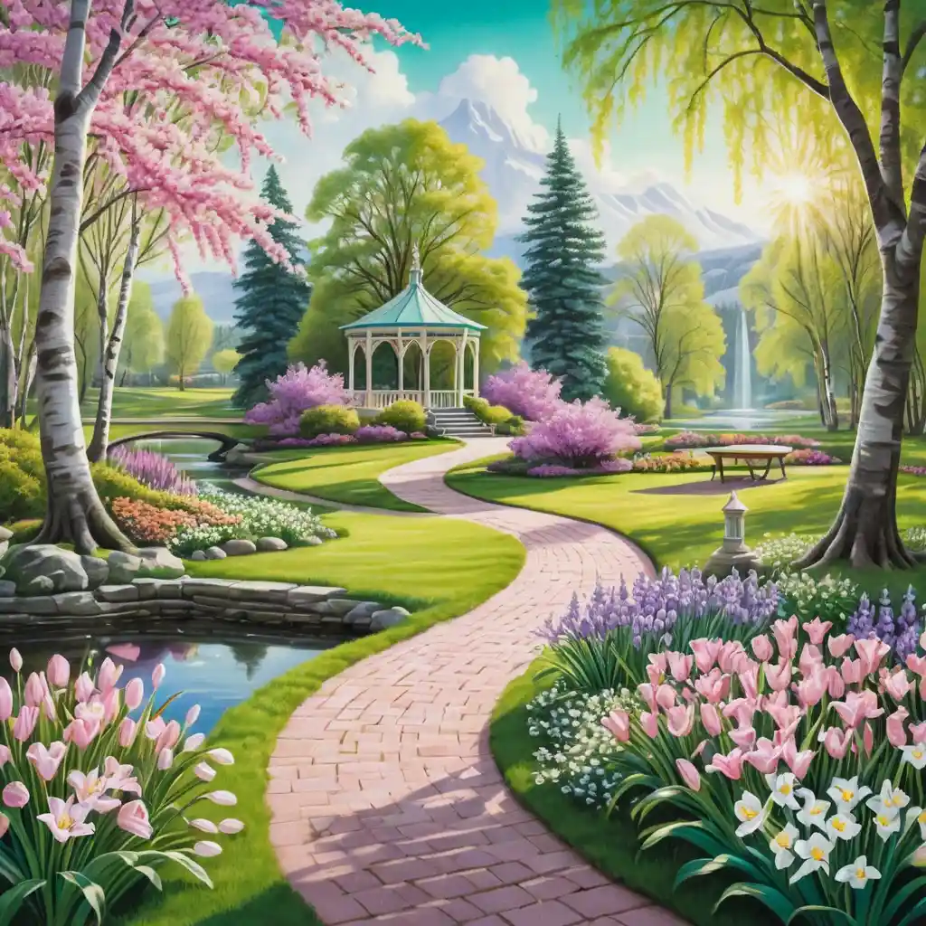 Spring park path leading to pavilion with blooming flowers