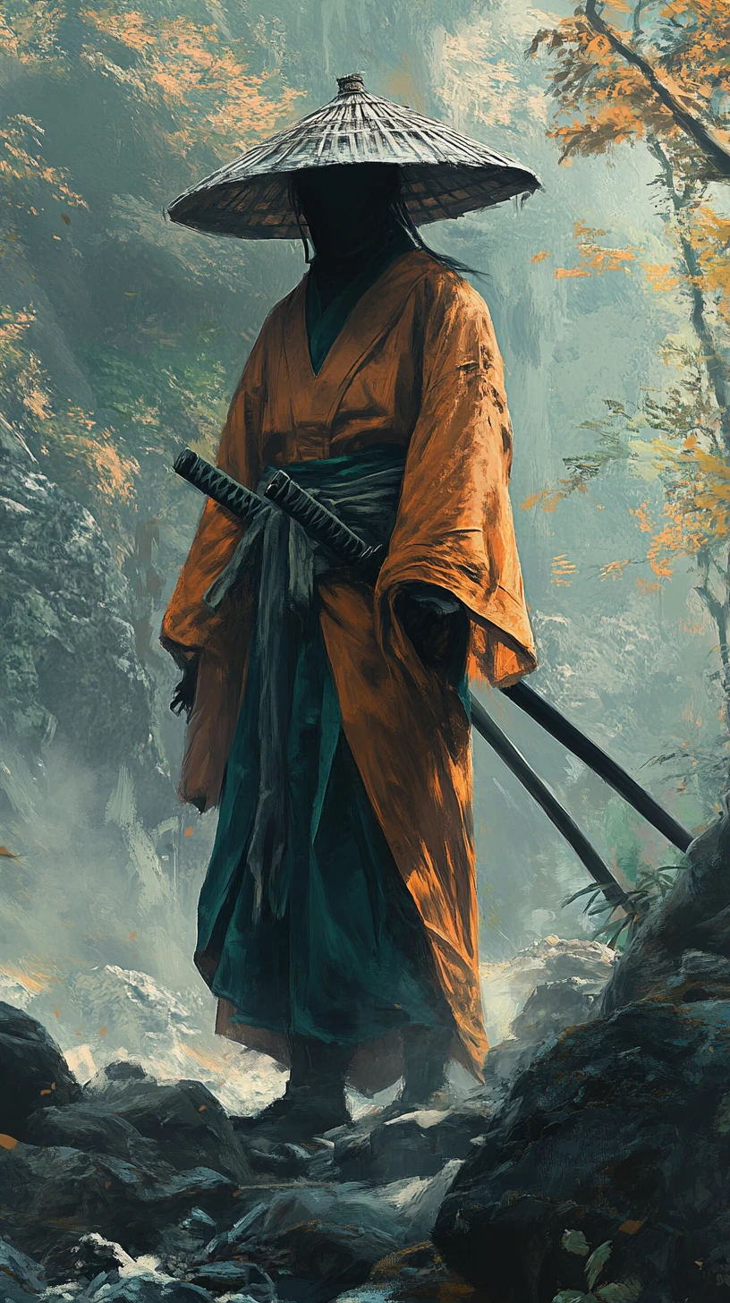 Masked warrior in orange kimono standing in misty forest