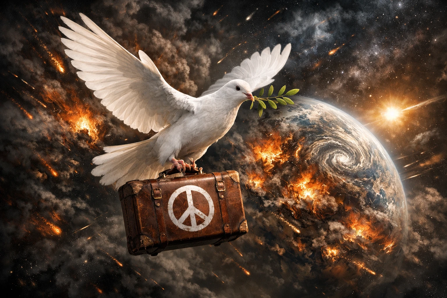 White dove with suitcase flying through burning planet earth