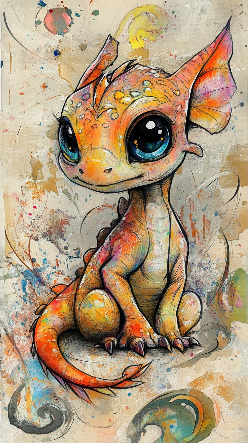 Cute baby dragon in whimsical watercolor illustration style
