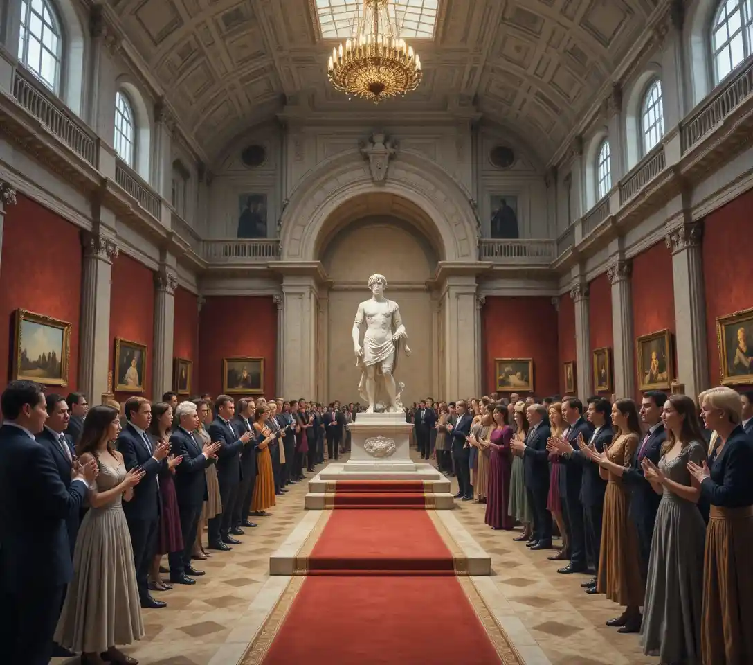 Elegante serata al museo con statua di marmo e pubblico