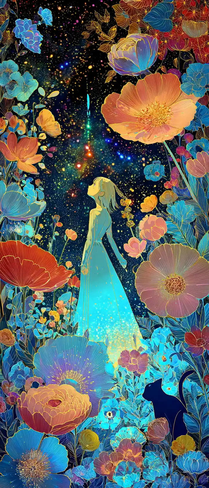 Delicate anime girl floating in surreal cosmic flowers
