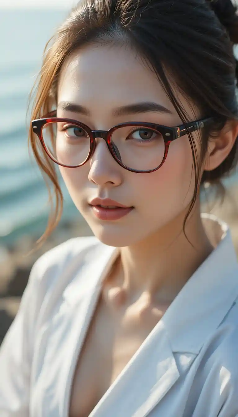 穿著白袍、手持武士刀站在海邊的優雅女子