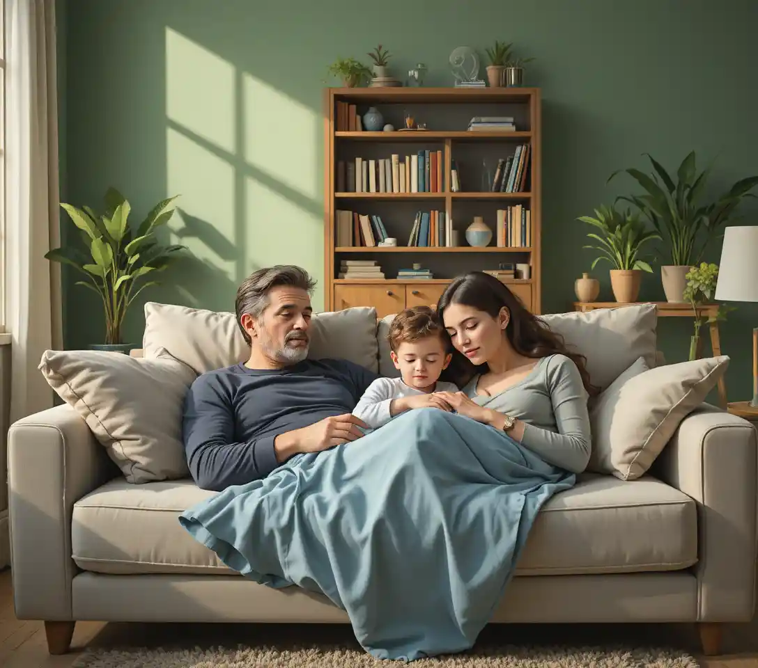 Schlafende Familie, die gemeinsam auf einem gemütlichen Wohnzimmer-Sofa ruht