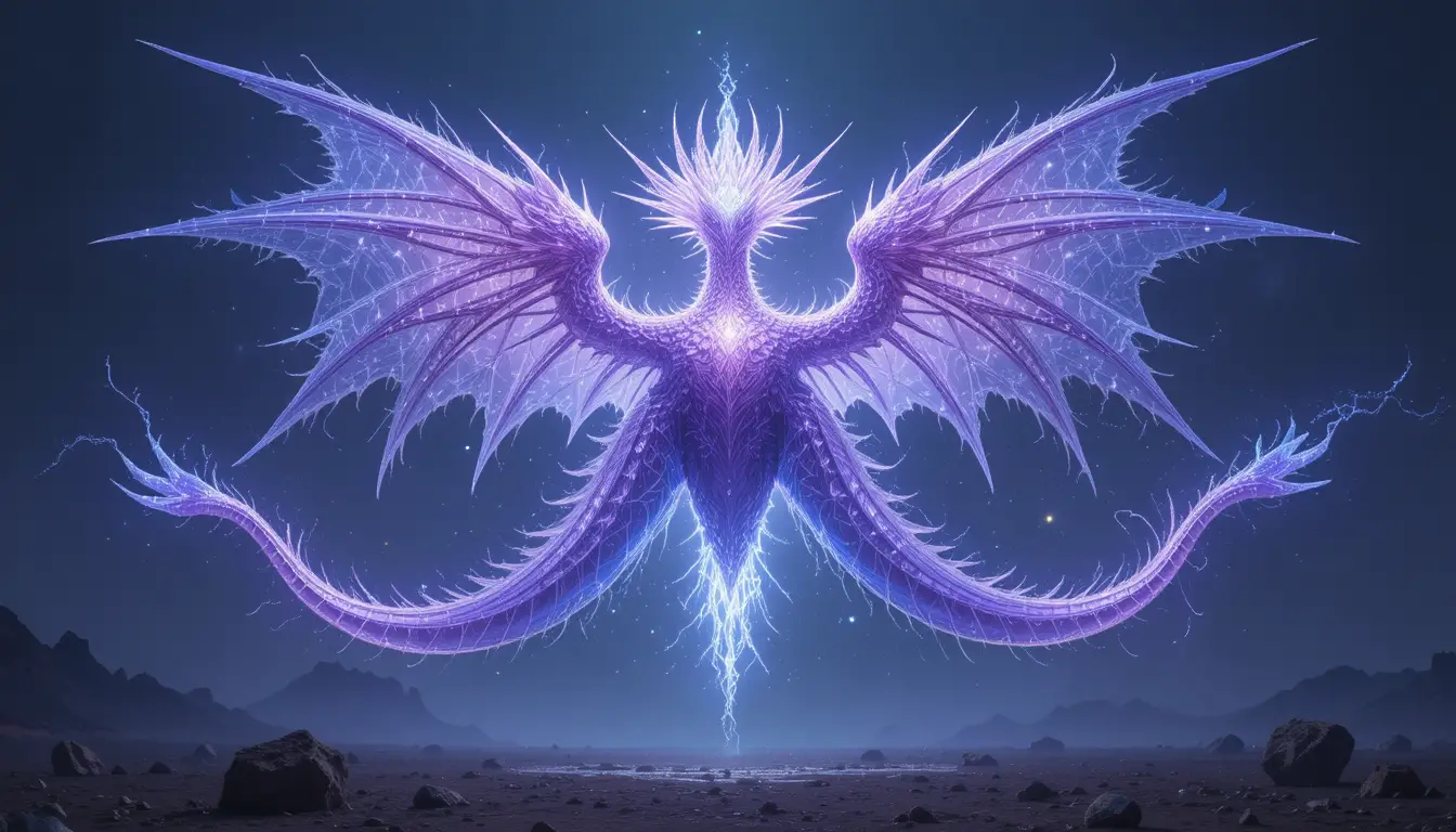 Drago etereo e luminoso che fluttua sopra un paesaggio arido