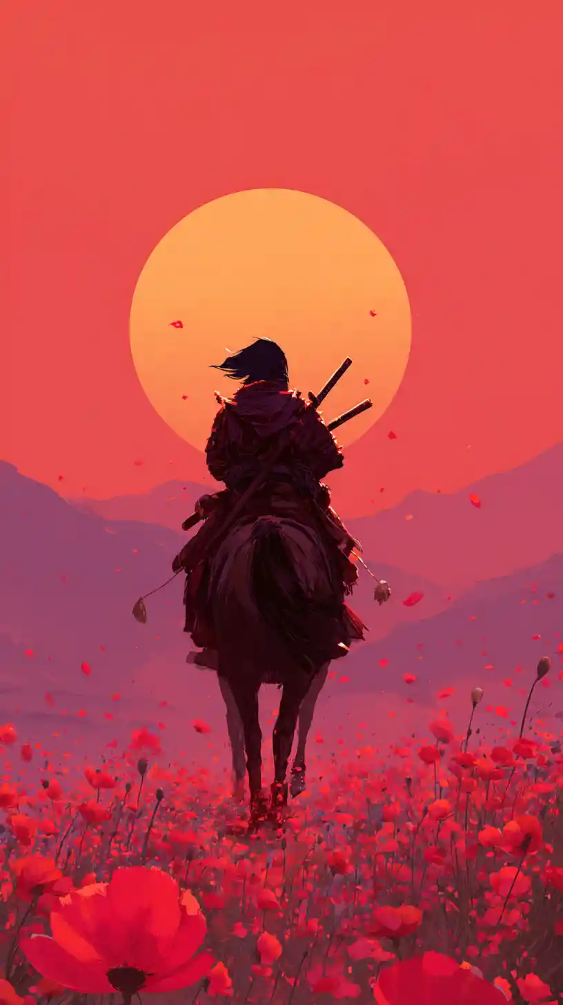 Lone samurai riding through crimson poppy field at sunset