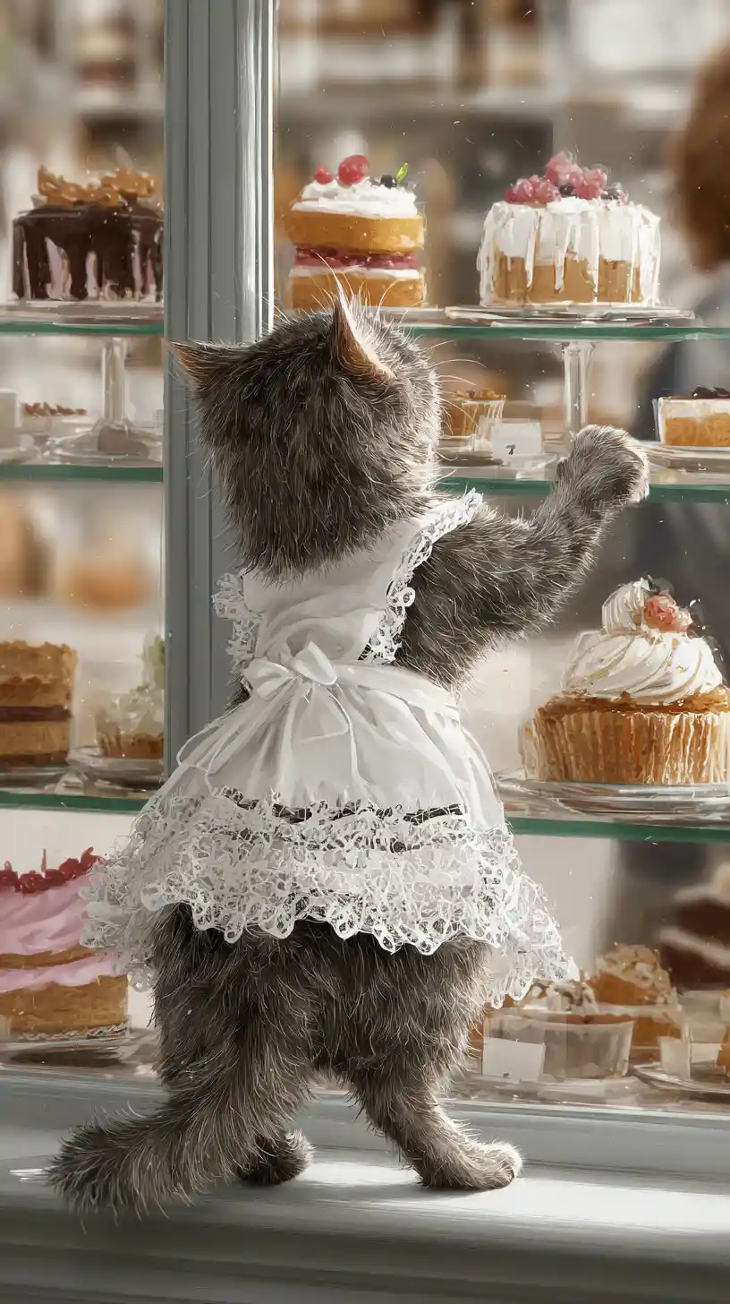 Scruffy Cat In Lace Bib Gazing At Bakery Pastries