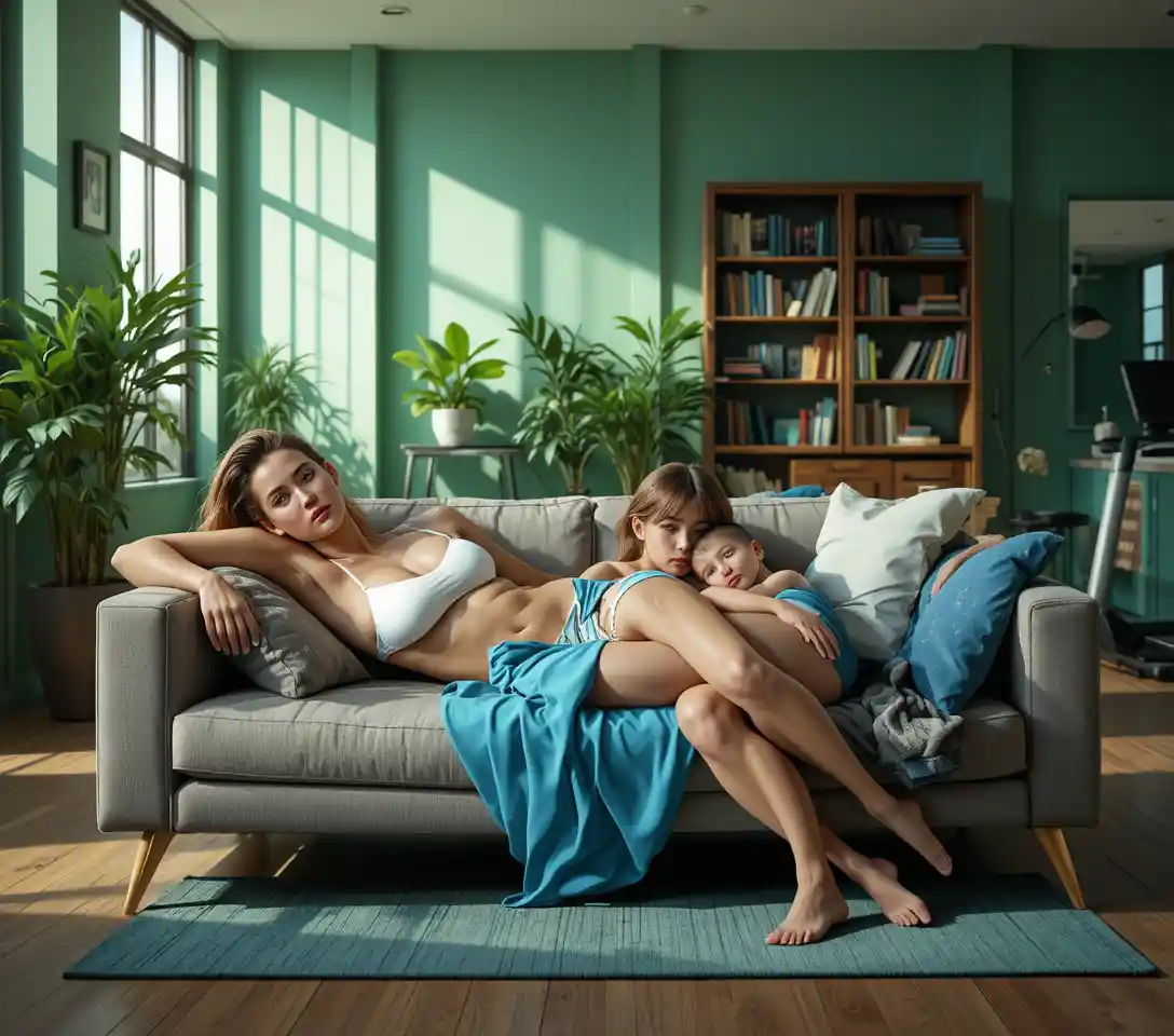Schlafende Familie, die gemeinsam auf einem gemütlichen Wohnzimmersofa ruht
