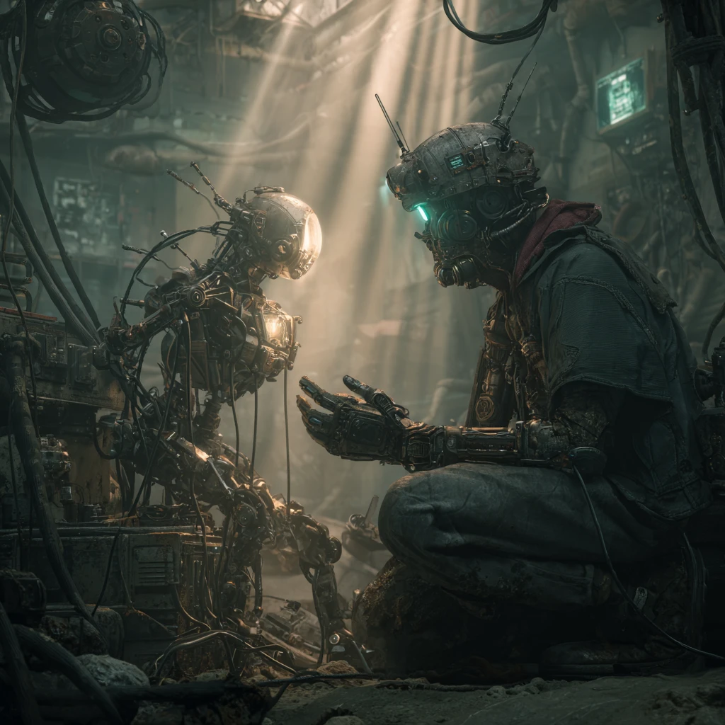 Cyberpunk engineer controlling a floating mechanical repair drone