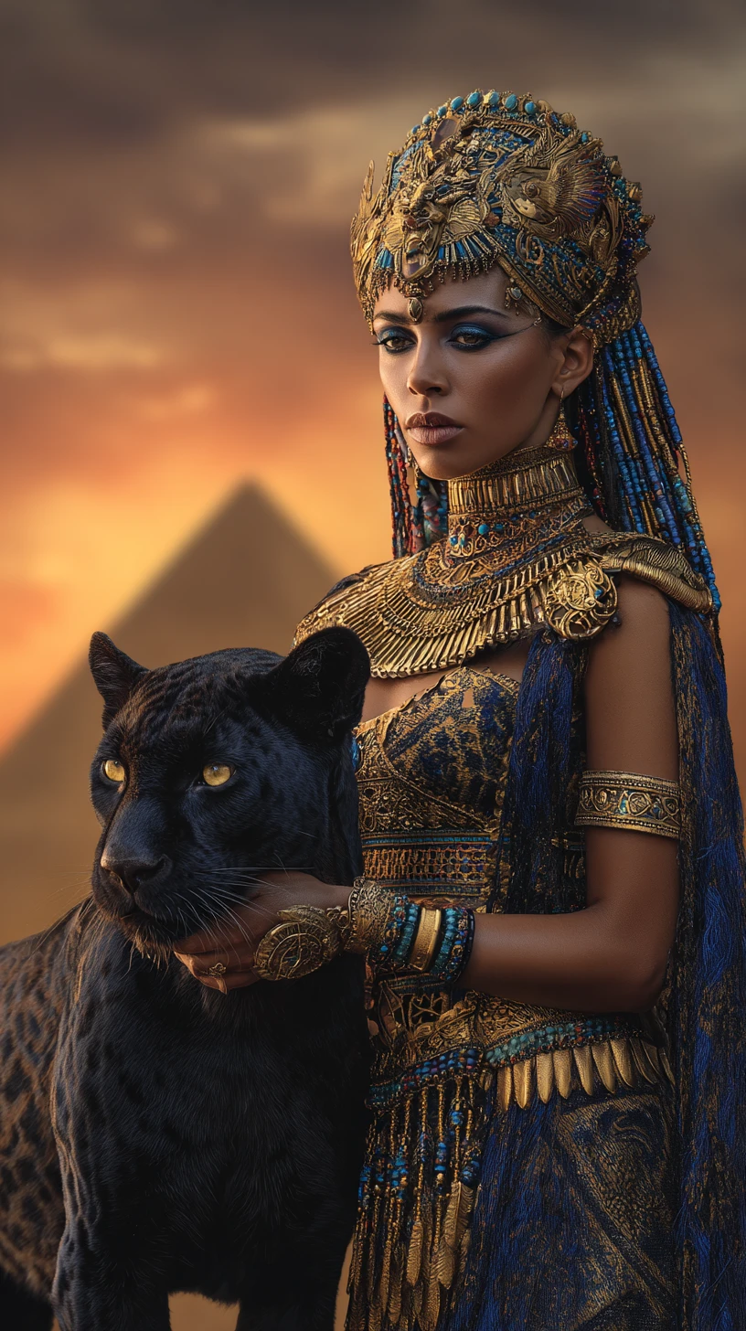 Egyptian queen and black panther at sunset before pyramids