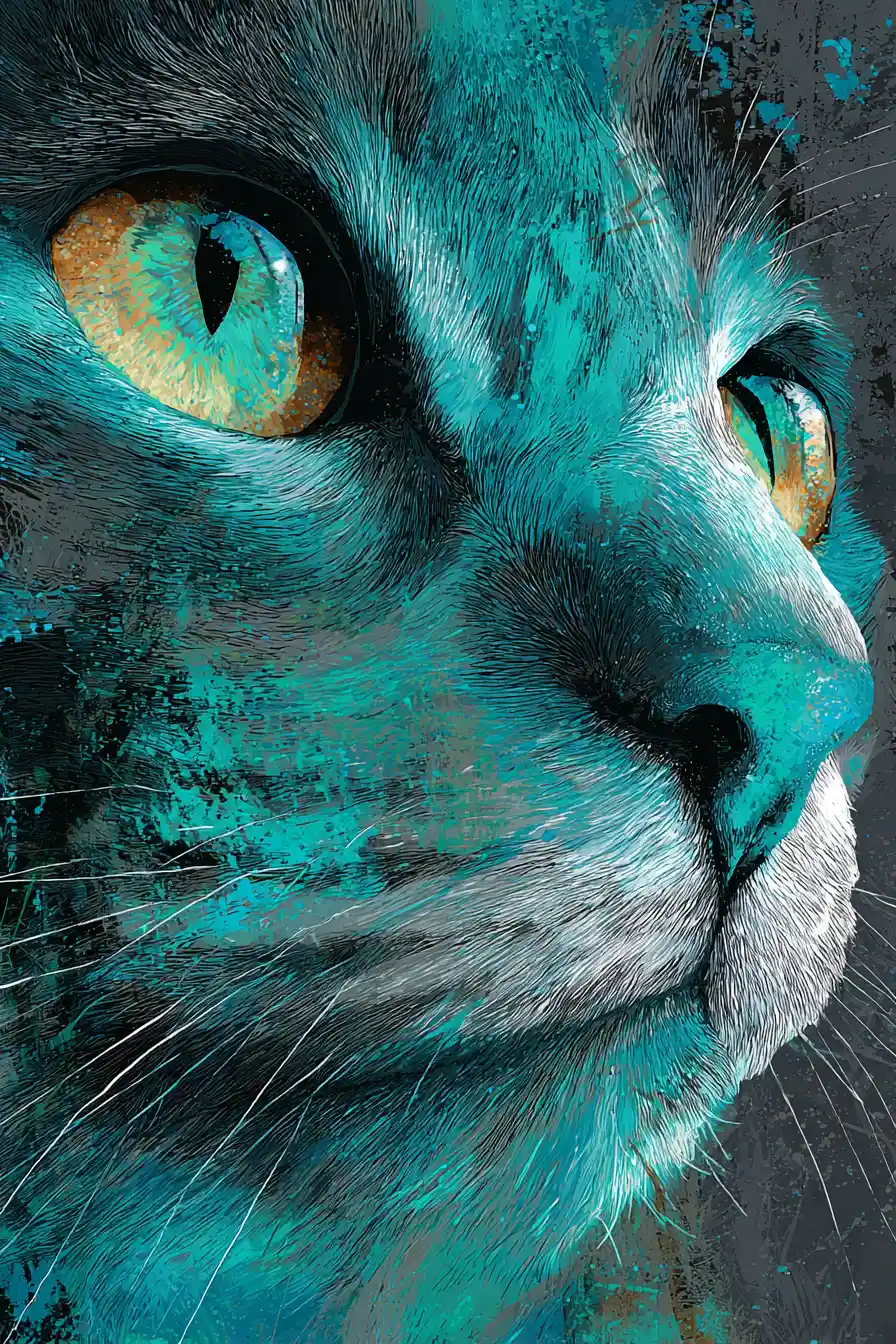 Abstraktes Nahportrait eines katzengesichts in türkisfarbenen Tönen