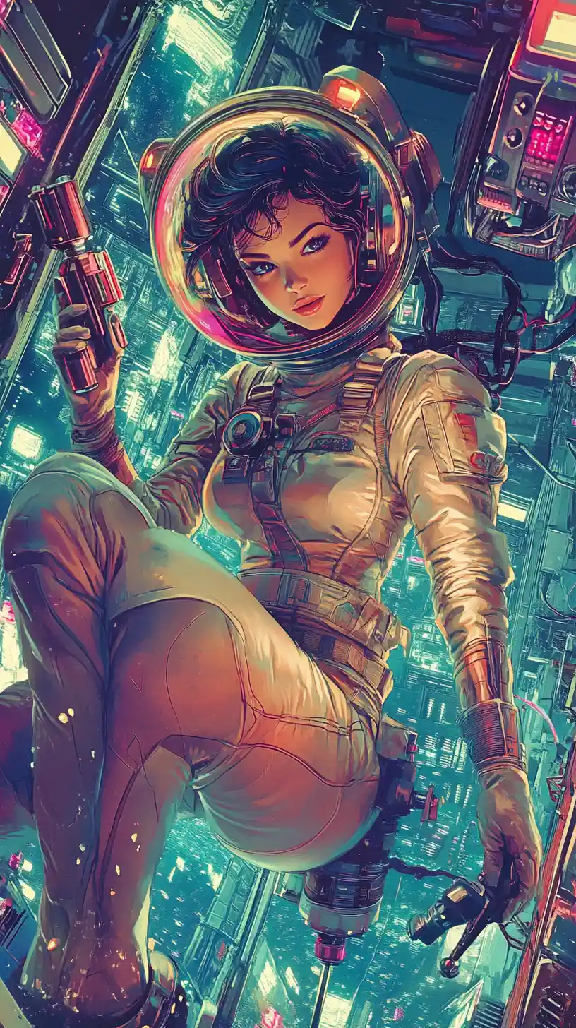 Astronauta donna formosa con trapano in stazione spaziale retrò