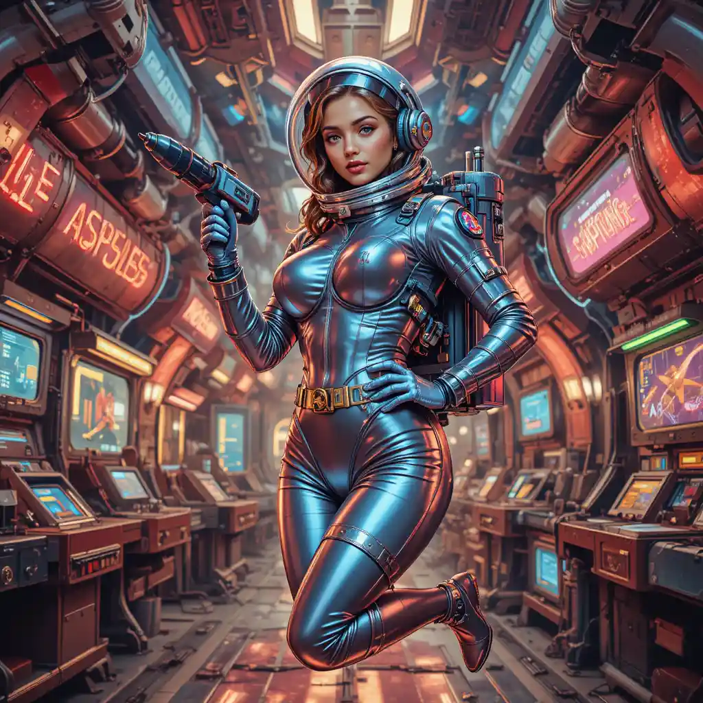Kurvige Astronautin mit Bohrer in retro-futuristischer Raumstation