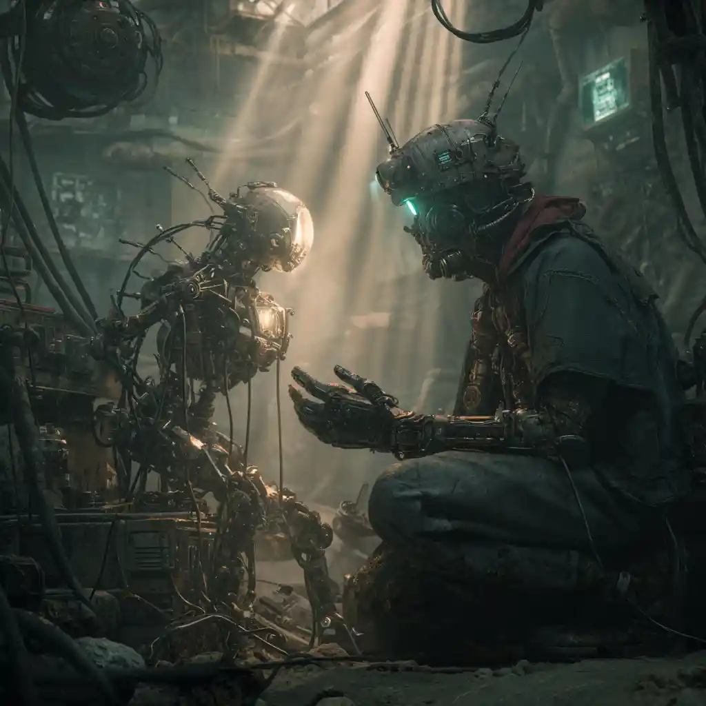 Cyberpunk engineer controlling a floating mechanical repair drone