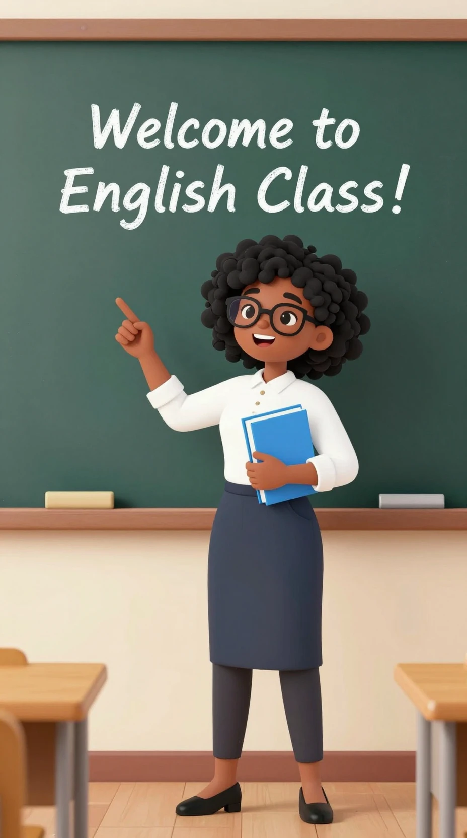 Black female teacher welcoming students to English class