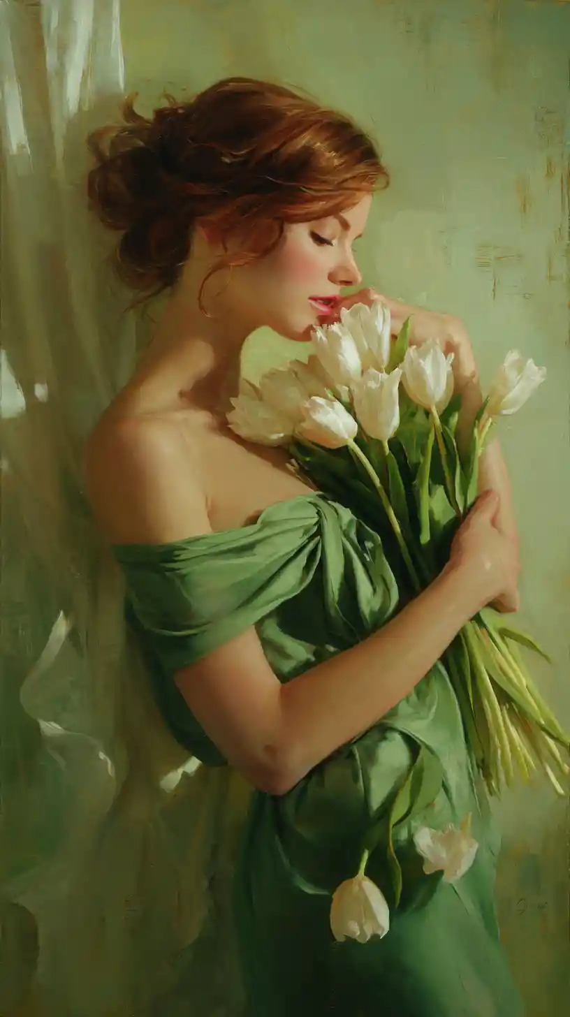 Woman With Tulip Bouquet In Soft Painterly Portrait