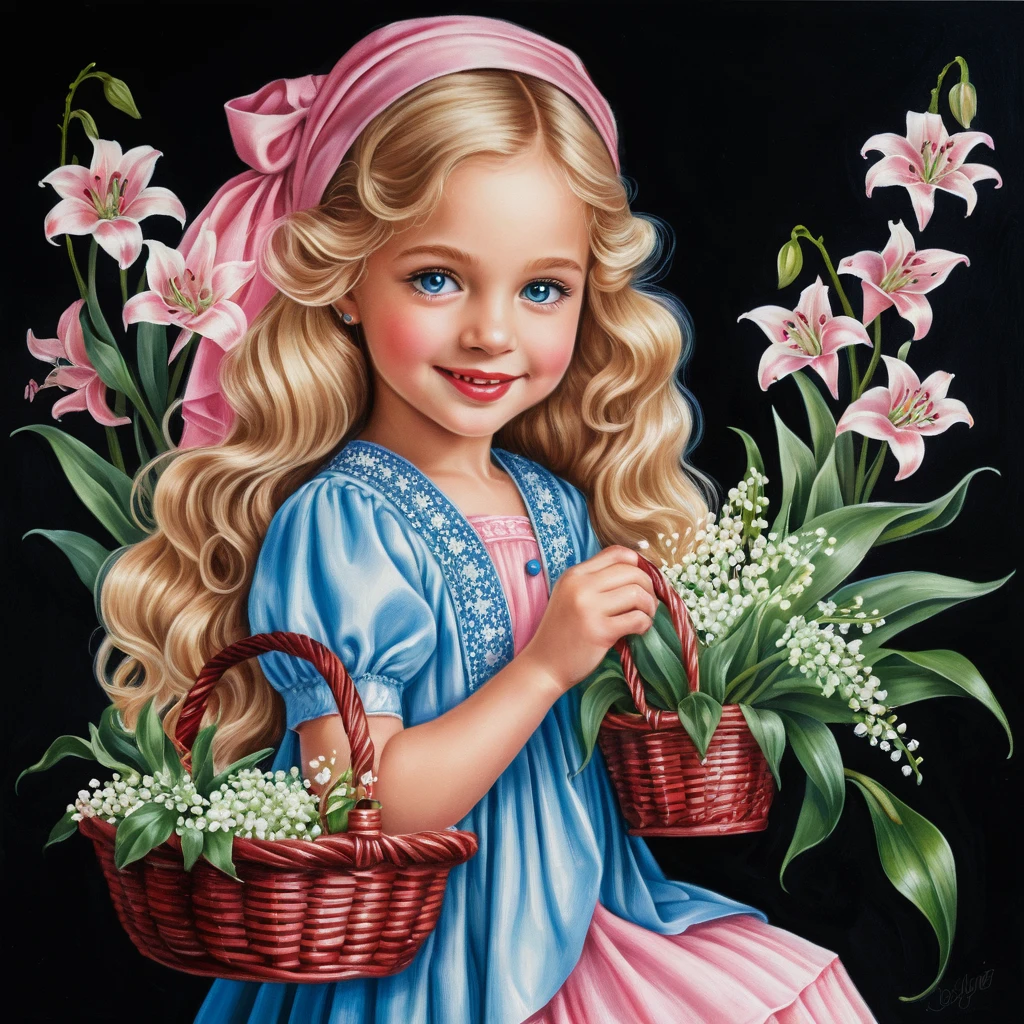 Smiling blonde girl with lilies in a spring garden