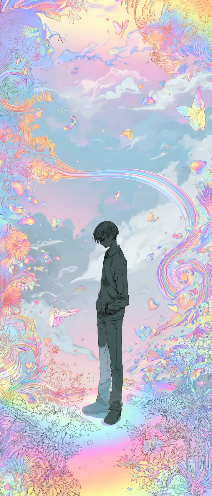 Anime boy standing alone on a surreal rainbow bridge