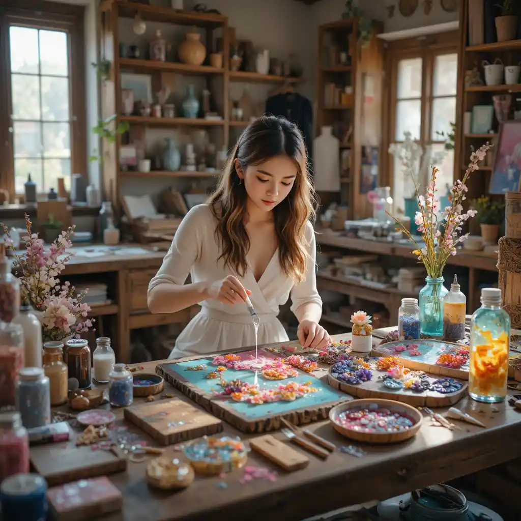 Young girl creating resin art in a cozy studio
