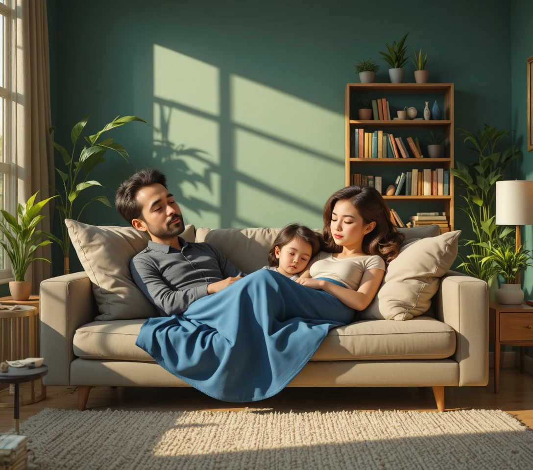 Sleeping family on a cozy sofa in a bright living room