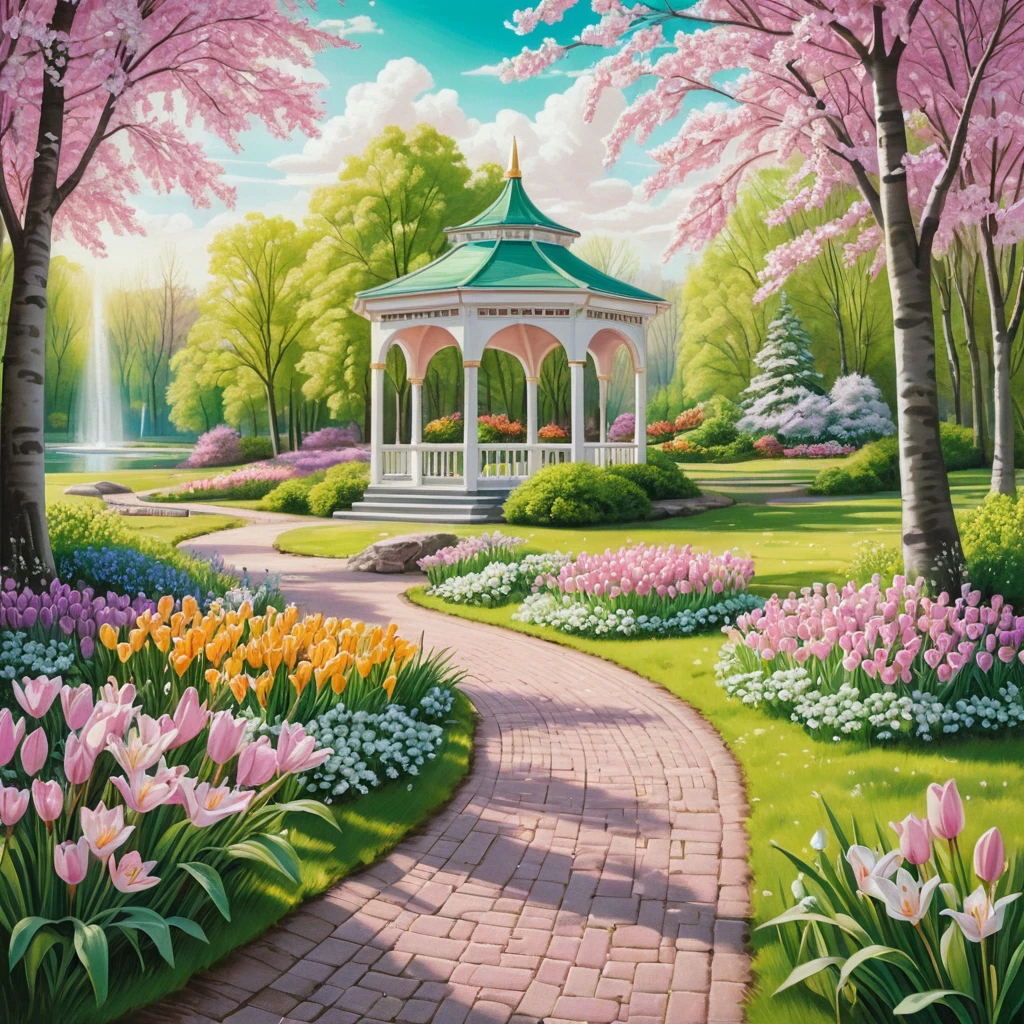 Senda de parque primaveral con pabellón y flores en flor