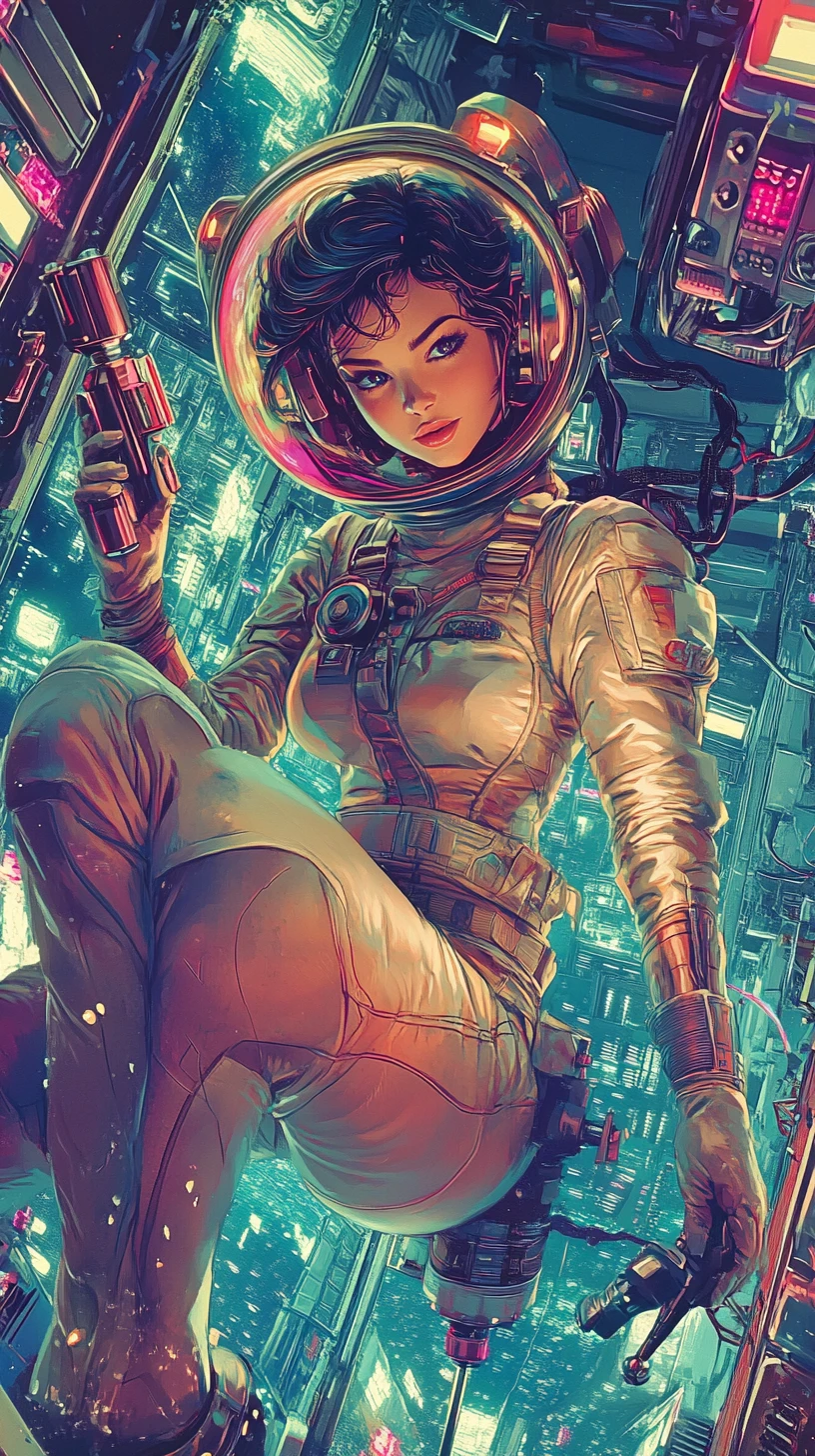 Kurvige Astronautin mit Bohrer in retrofuturistischer Raumstation