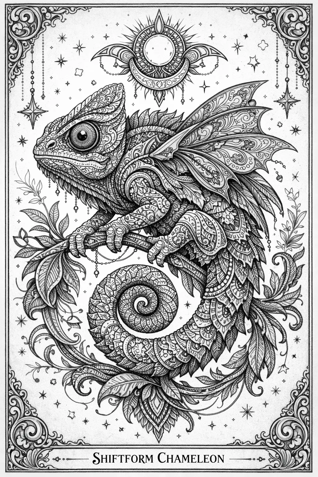 Ornamental fantasy chameleon with intricate symmetrical linework