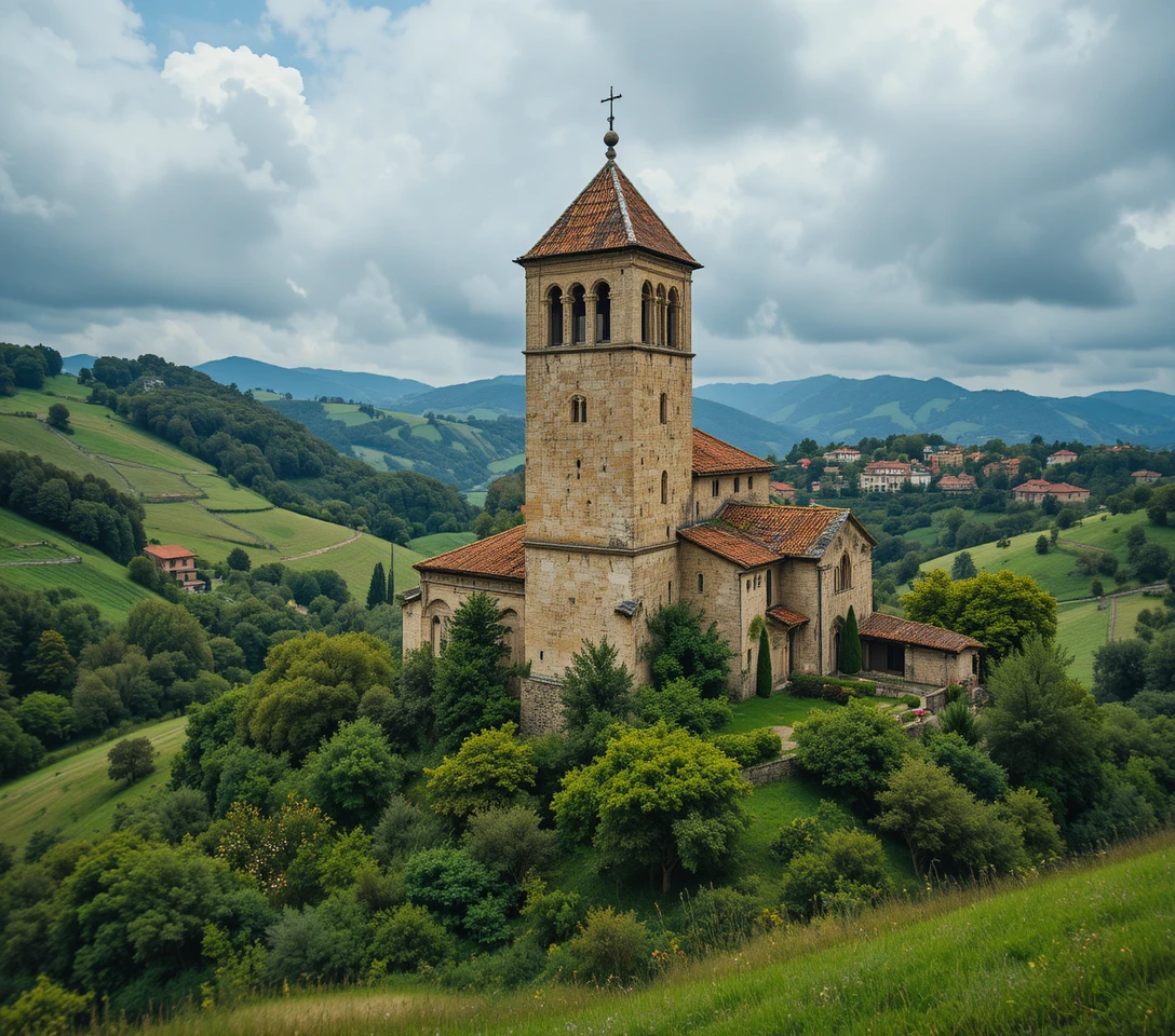 Mittelalterlicher Kirchturm aus Stein in ruhiger italienischer Landschaft
