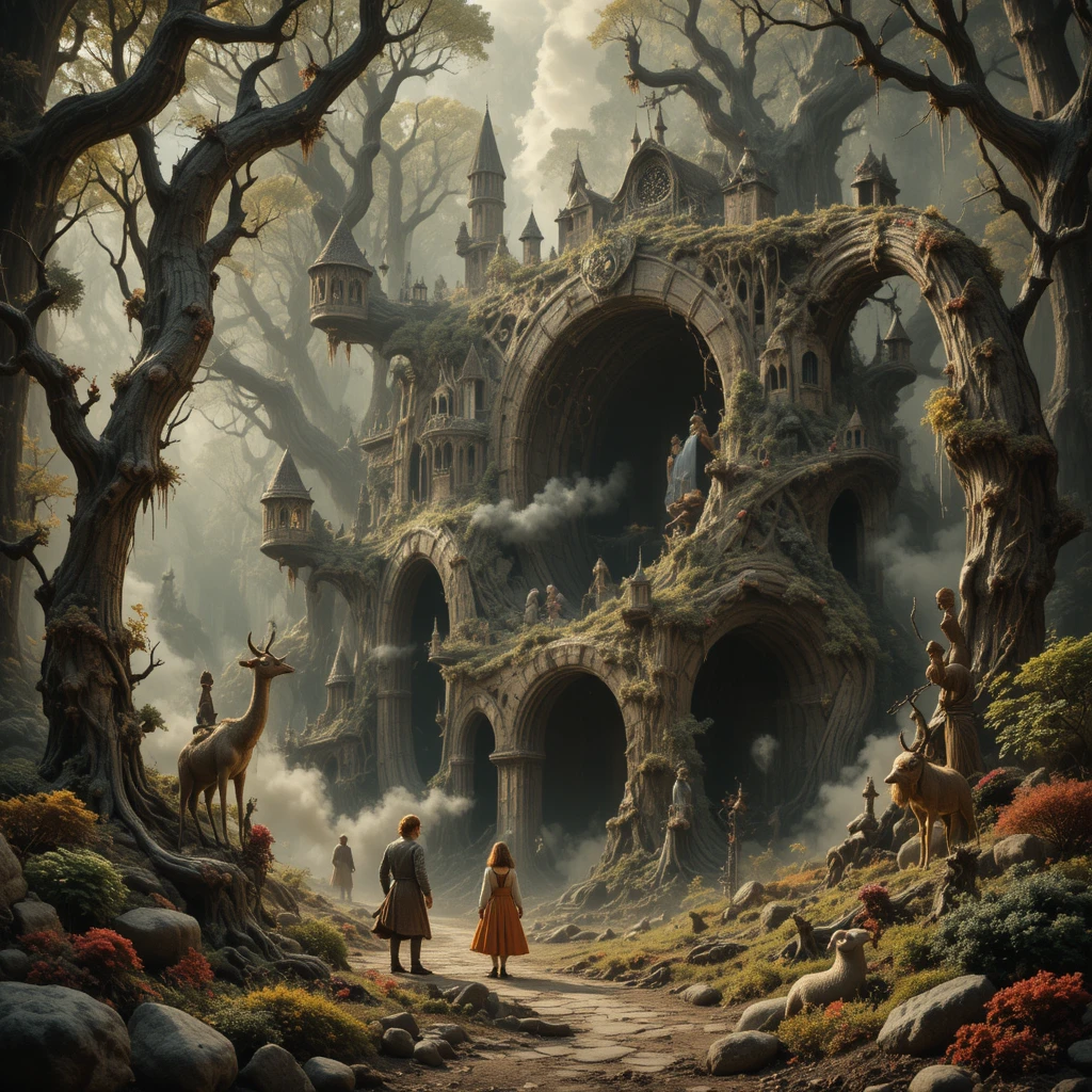 Children walking through a surreal dream forest with strange creatures