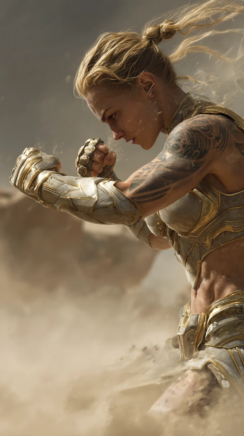 Female warrior uppercut in a cinematic alien battlefield