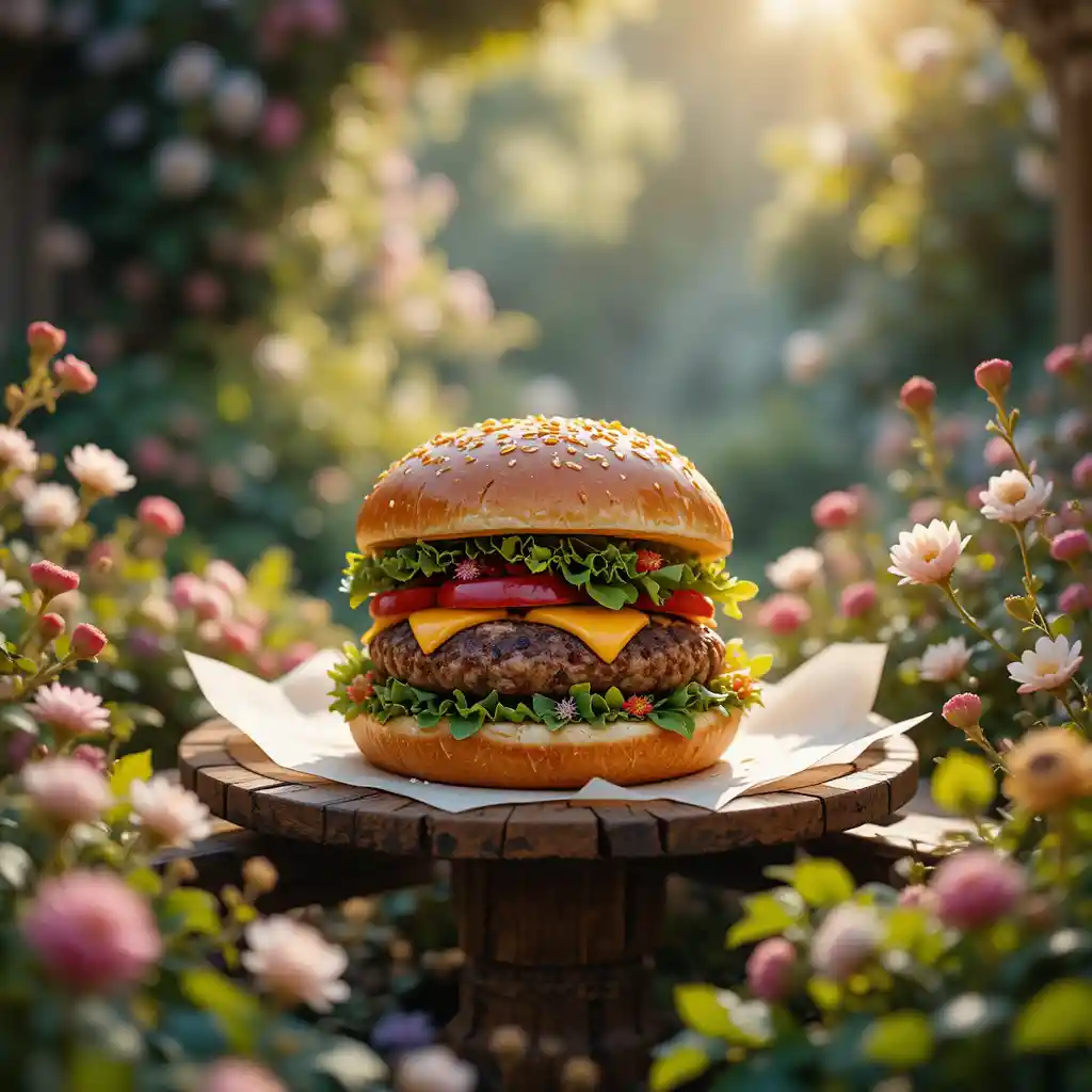 Gourmet burger in a magical flower filled garden setting