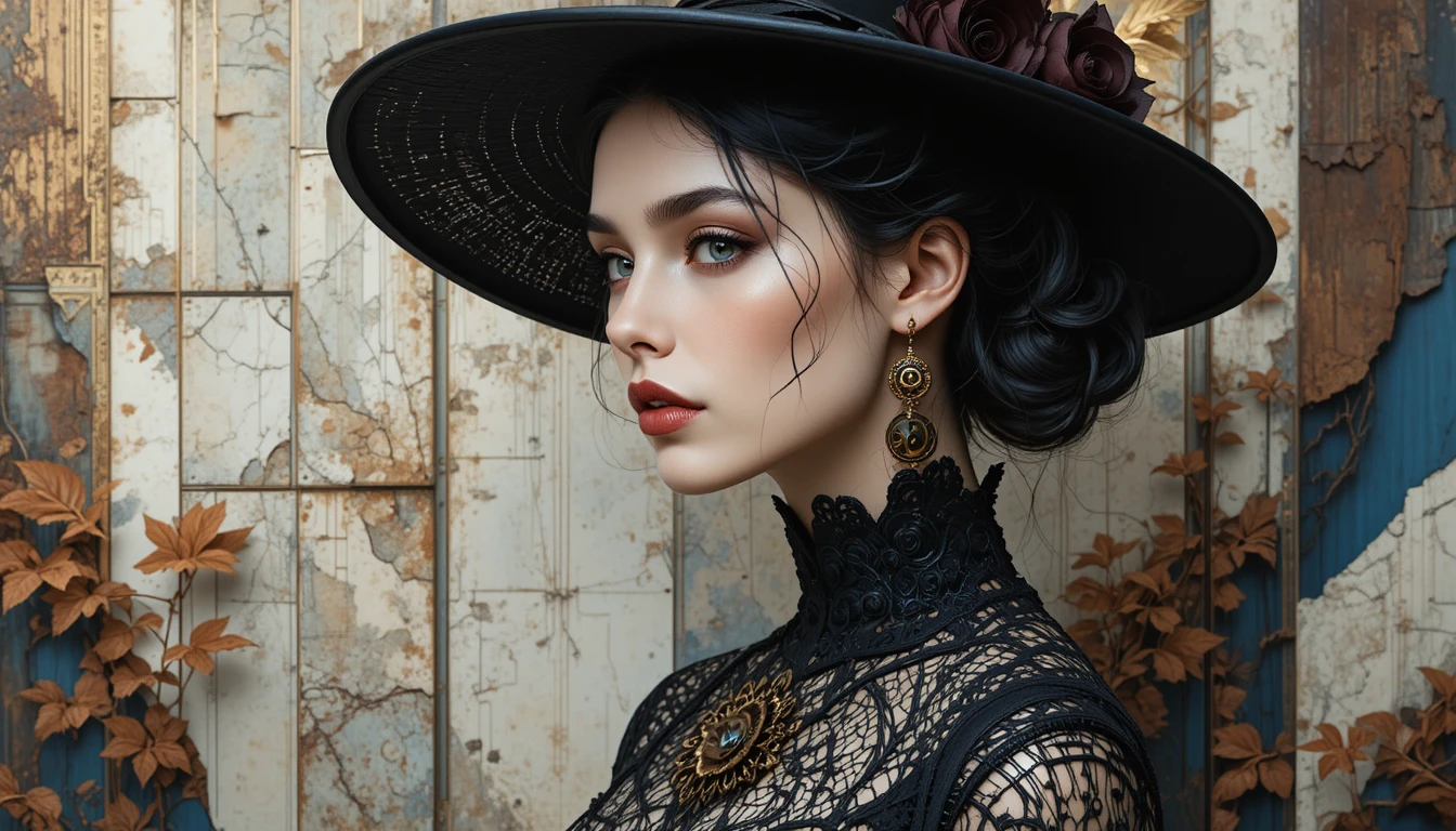 Gothic woman in black lace hat in autumn park portrait
