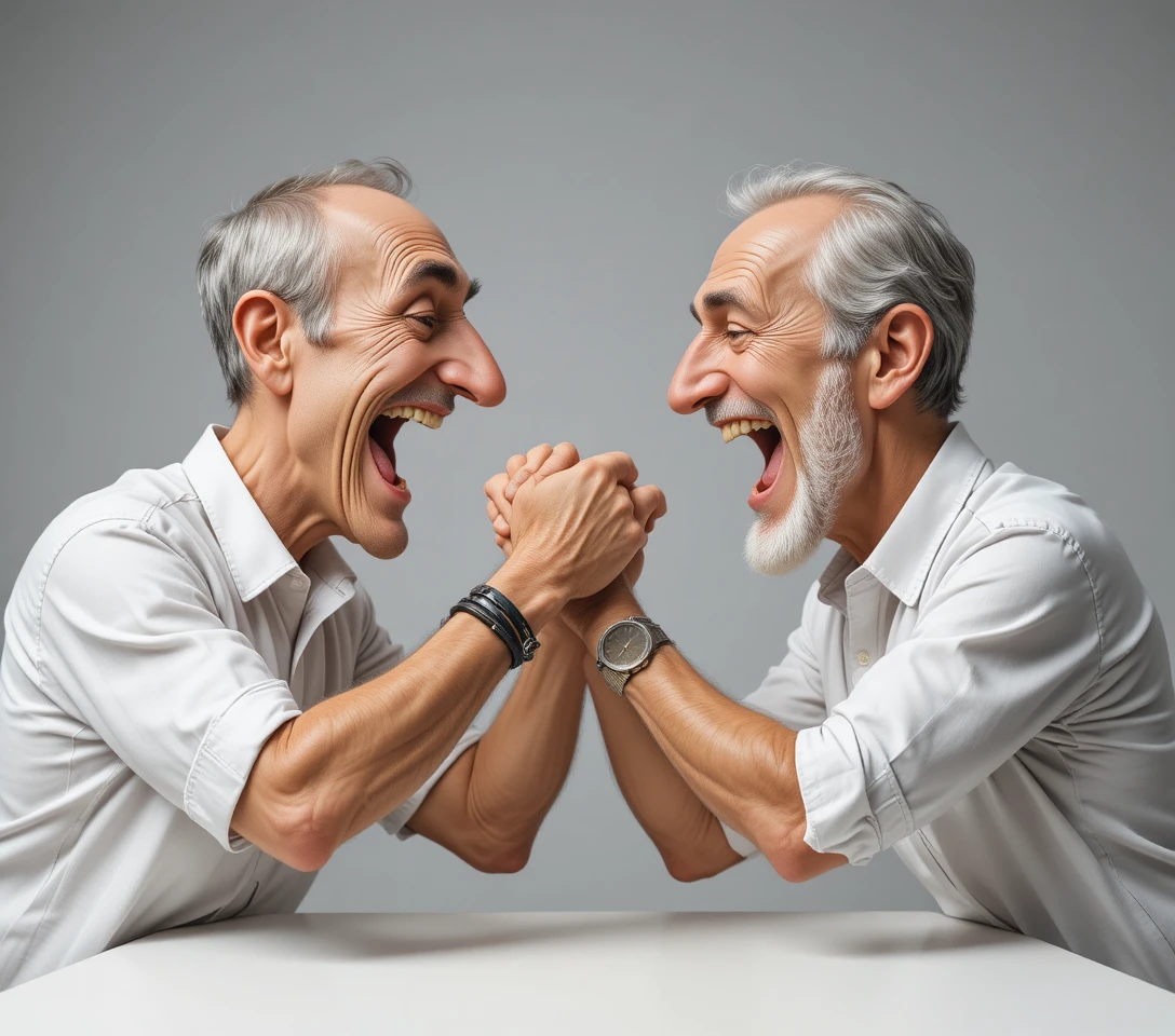 Two elderly men arm wrestling at a white table