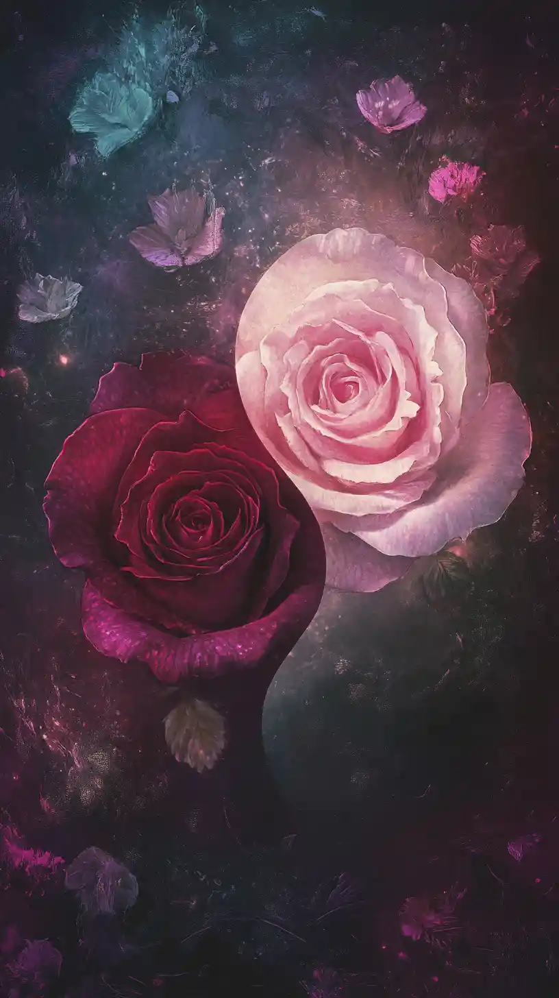 Two glowing roses in a dreamy yin yang garden