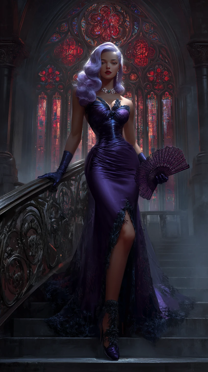 Femme fatale gótica em vestido roxo em escadaria de mármore enevoada
