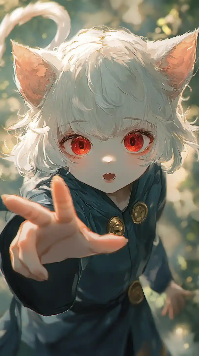 Süßes Anime-Mädchen mit Katzenohren, das die Hand ausstreckt