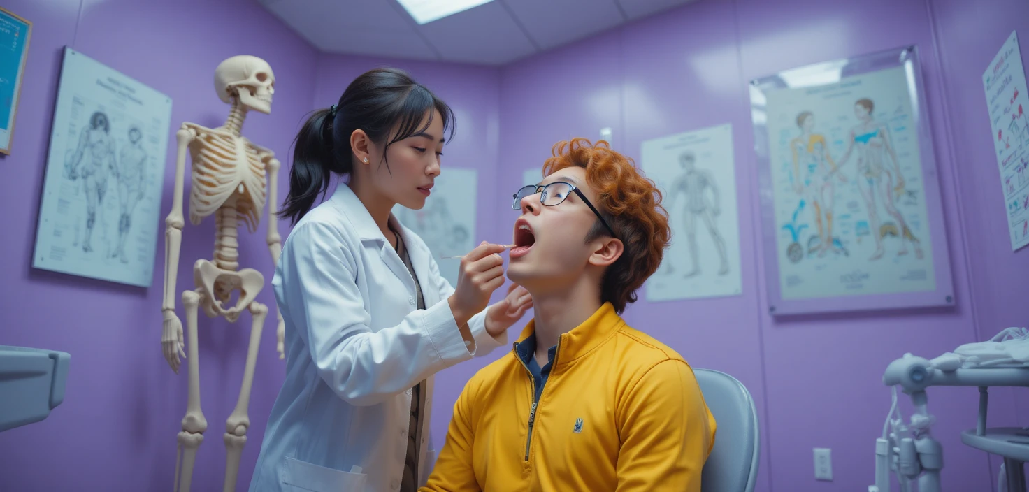 Doctor examining male patient with tongue depressor in clinic