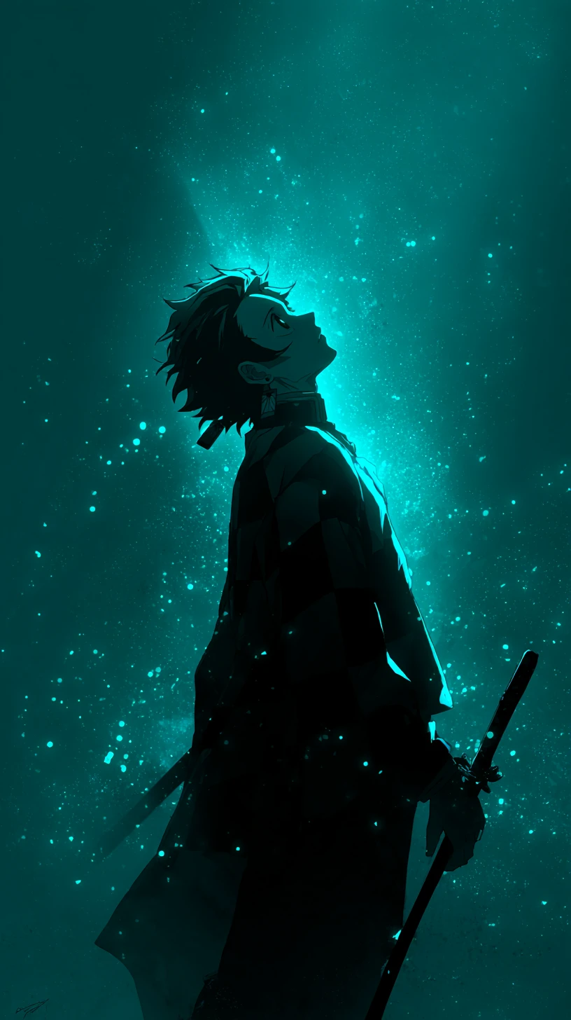 Anime swordsman in profile against glowing cosmic teal void