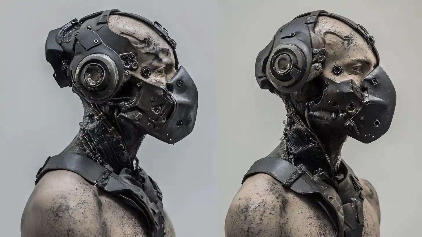 Cyberpunk commander cyborg with mechanical torso and mask